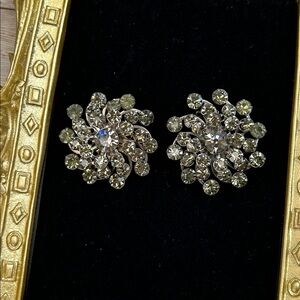 Vintage Antique Silver and Grayish Green Crystal Clip On Earrings